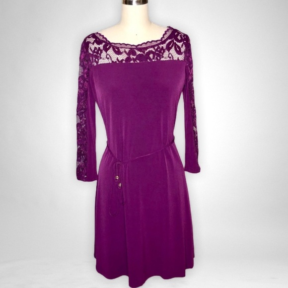 Ivanka Trump Lace Illusion Fit and Flare Dress Tie Waist Purple 4 Small - Picture 9 of 9